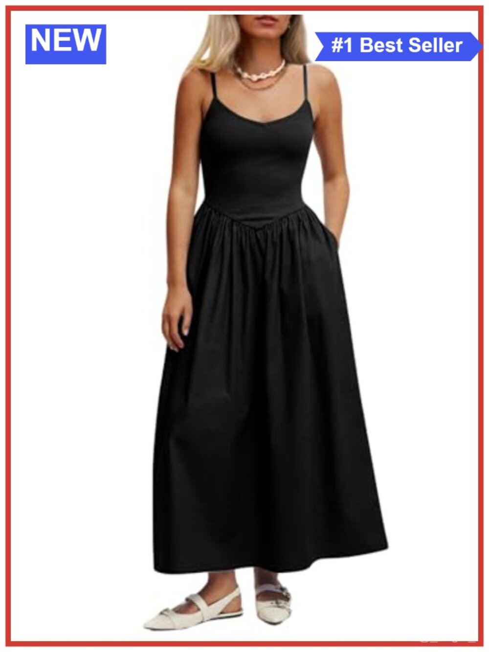 Women's Sleeveless V-Neck Maxi Dress with Pockets Spaghetti Strap